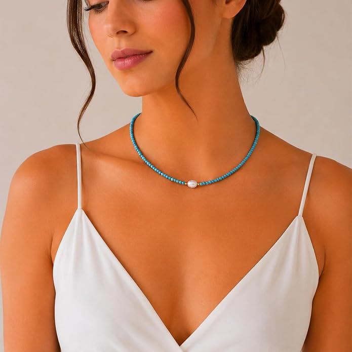 InfinityGemsArt Gemstone Gold Necklace For Women, Birthstone Natural Crystal Stone With Freshwater Pearl Beaded Jewelry, Gold Plated 18 Inch Chain