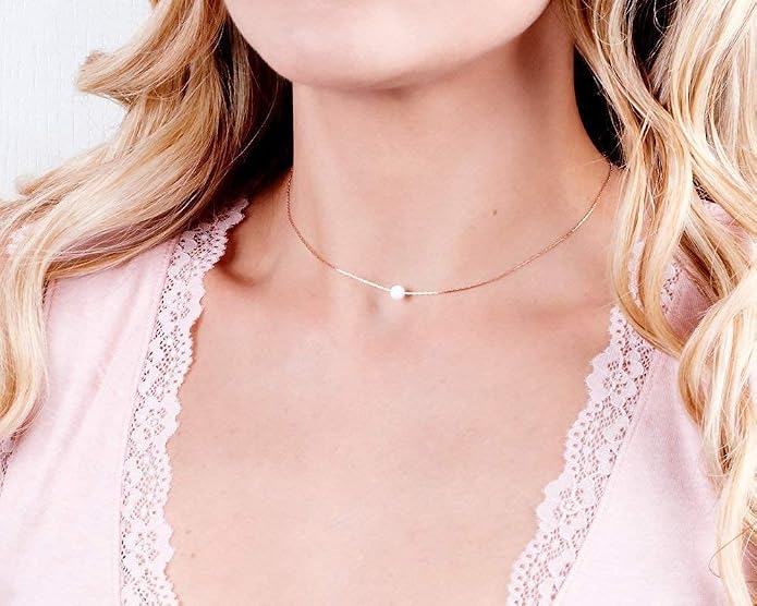 Opal Bead Choker Necklace – Rose and Gold Filled or Sterling Silver, Blue or White Opal Ball, Dainty Minimalist Jewelry 13.5"-16.5"