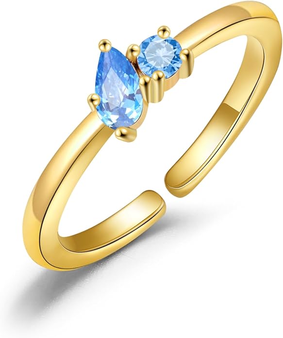 JSJOY Birthstone Rings for Women Dainty Emerald Blue Ring Birthday Gifts for Mom Her Gemstones CZ Ring for Teens Gold Rings That Don't Tarnish Adjustable Ring Jewelry Gifts