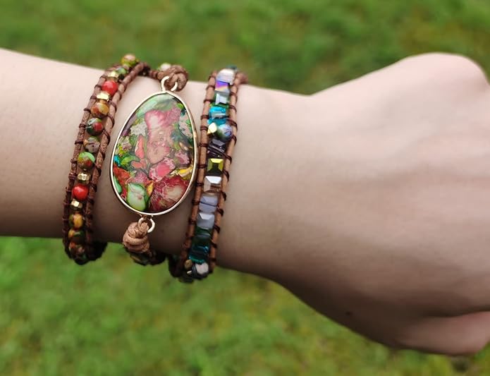 Women Wrap Bracelet Boho Natural Jasper Crystal Stone Beads Strand Bracelets