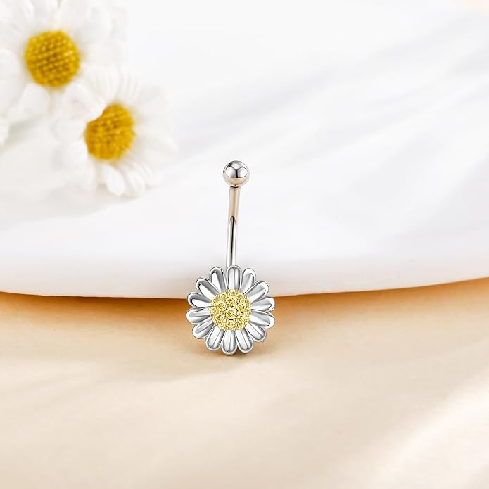 Sunflower Daisy Belly Button Ring Dangle Hoop 925 Sterling Silver Hypoallergenic Belly Button Piercing Body Navel Rings Sexy Belly Button Jewelry Gifts for Women (14G)