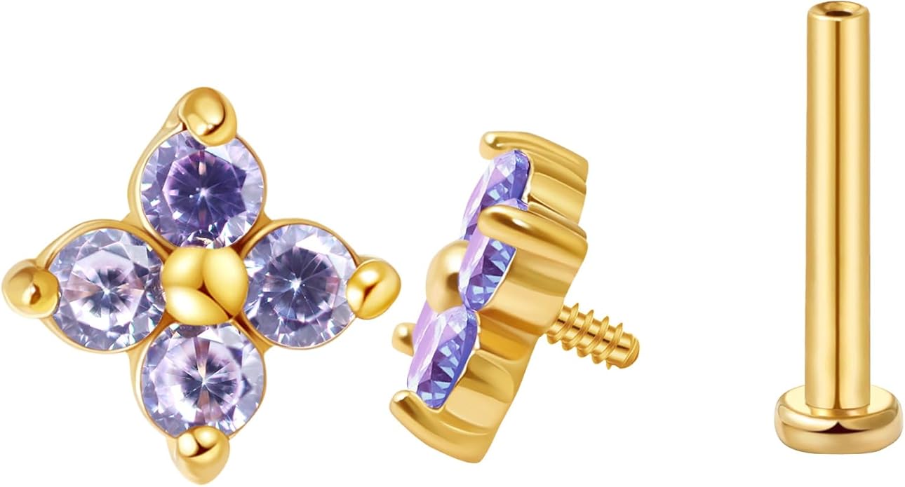FANSING CZ Flower Internally Threaded Flat Back Earring Labret Stud for Cartilage Tragus Helix Conch