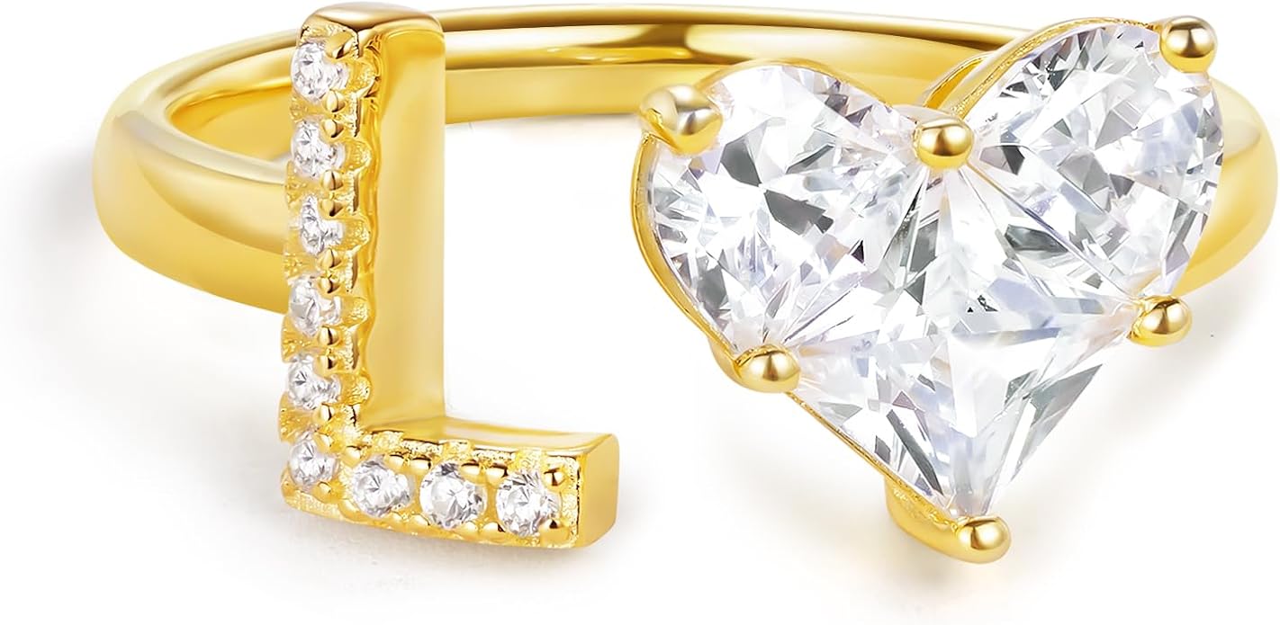 KissYan Sterling Silver Initial Heart Ring for Women, S925 Letter Rings 14K Gold Plated Open Adjustable Dainty Pave CZ Personalized Fashion Trendy Gifts for Mother's Day