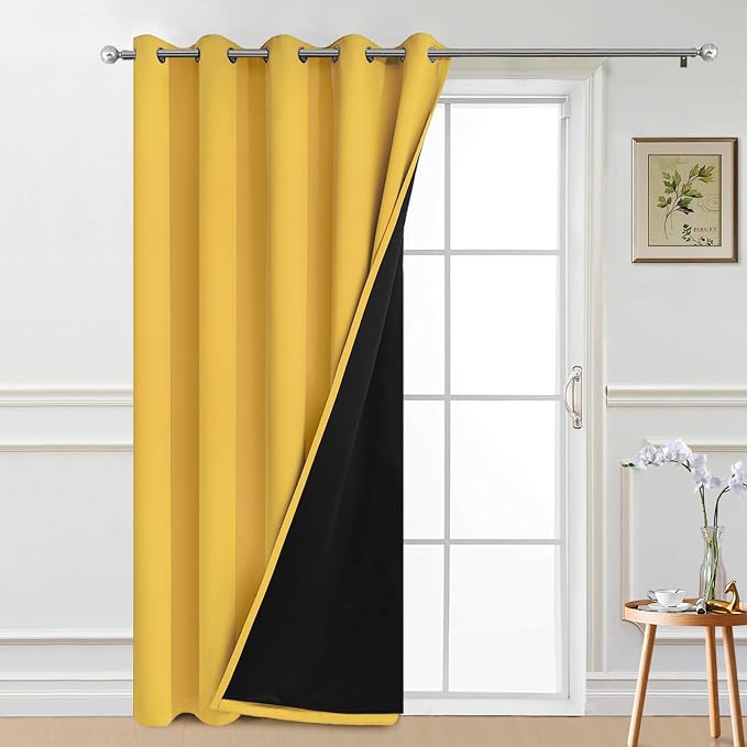Yakamok Mustard Yellow Blackout Patio Door Curtain Panels W70 x L84, 1 PCS | Noise Reducing Barrier Panel for Sliding Glass Door, 2 Thick Layers Heat Full Light Blocking Patio Door Drapery
