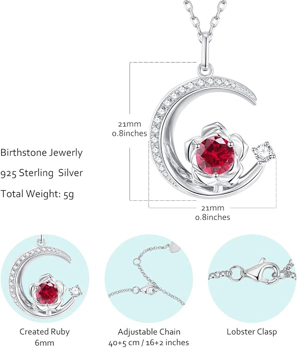 Birthstone Necklace for Women Sterling Silver Moon Pendant Necklaces Anniversary Birthday Fine Jewelry Gifts for Her Women Mother, Adjustable Chain