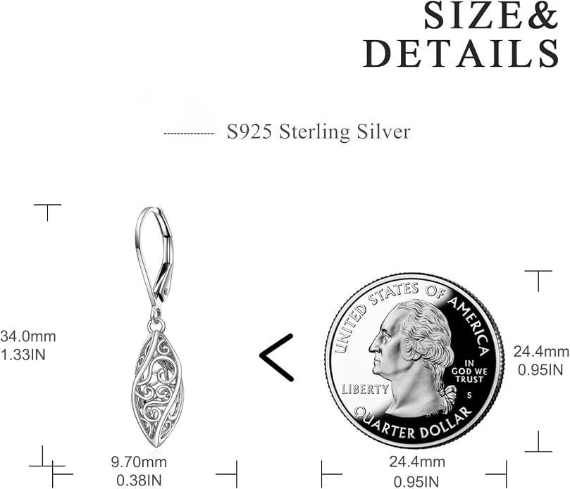925 Sterling Silver Leverback Earrings Vintage Filigree Dangle Drop Earrings Jewelry Birthday Gifts for Women