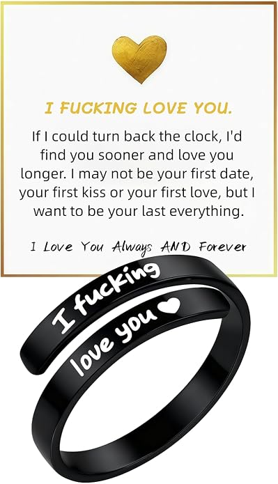 I Fcking Love You Ring, Stainless Steel Engraved Inspirational Words Heart Open Adults Women Vintage Promise Rings Lover Wife Jewelry