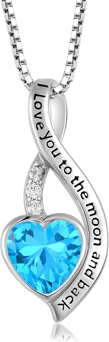 I Love You to The Moon and Back Necklace for Women, 925 Sterling Silver Heart Birthstone Pendant Necklace Jewelry Anniversary Birthday Gifts for Girls Women Wife Mom Daughter