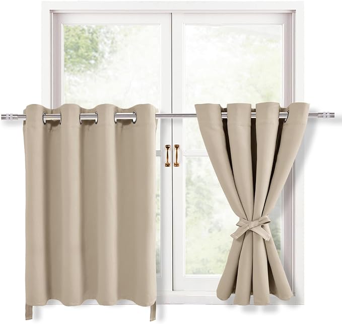 Hiasan RV Blackout Curtains for Bedroom, 52 x 36 Inches Long - Thermal Insulated & Light Blocking Window Curtains for Living Room, 2 Drape Panels Sewn with Tiebacks, Taupe