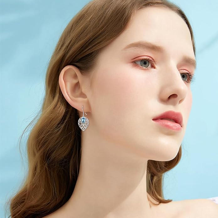 Teardrops Earrings 925 Sterling Silver Filigree With Blue Cubic zirconia Teardrops Dangle Drop Hook Earrings for Women and Teen Girls
