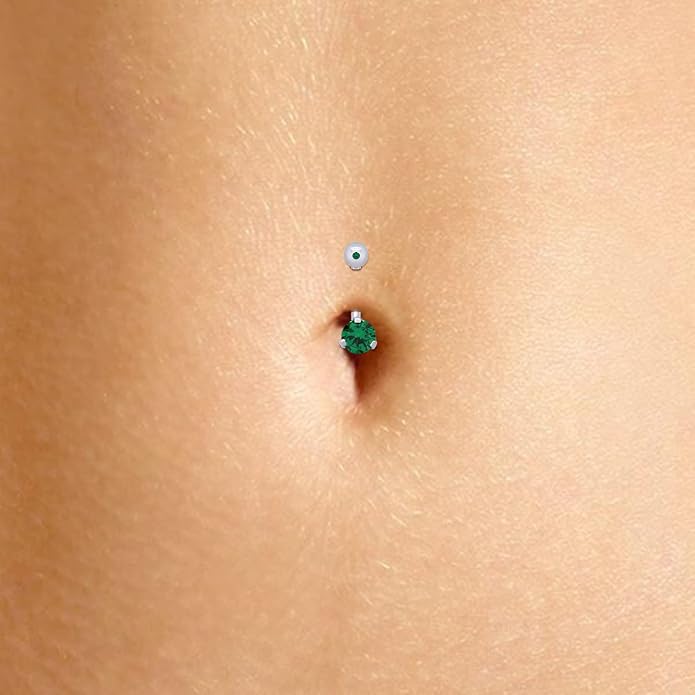 AFFY Internally Threaded Belly Button Navel Ring for Women, Three-Prong Round Simulated Birthstone in 14K Gold Over 925 Sterling Silver, Body Piercing Jewelry Gift