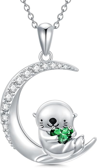 PROESS Animal Birthstone Necklace 925 Sterling Silver Otter/Axolotl/Hippo/Elephant/Dachshund/Monkey/Red Panda Pendant Necklace Animal Birthstone Jewelry Gifts for Women