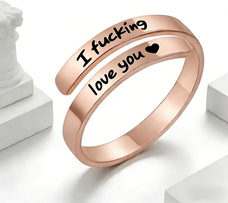 I Fcking Love You Ring, Stainless Steel Engraved Inspirational Words Heart Open Adults Women Vintage Promise Rings Lover Wife Jewelry