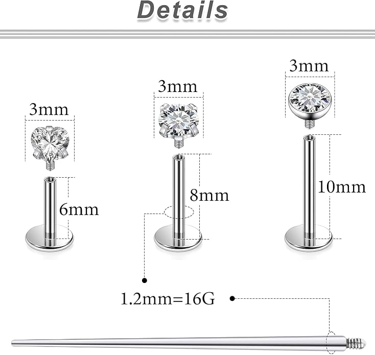 20G 18G 16G F316 Titanium Flat Back Nose Rings Studs Hypoallergenic Screw on Tragus Helix Cartilage Earrings Stud Piercing Jewerly for Women Men Bars 6mm