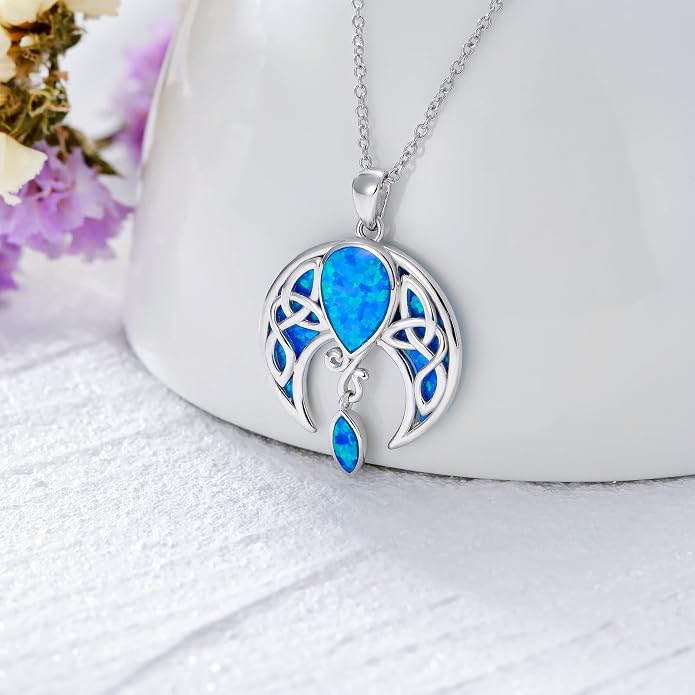AOBOCO Sterling Silver Celtic Crescent Moon Goddess Pendant Irish Good Luck Necklace with Birthstone Crystal, Celtic Moon Jewelry Gift for Women Mom Wife