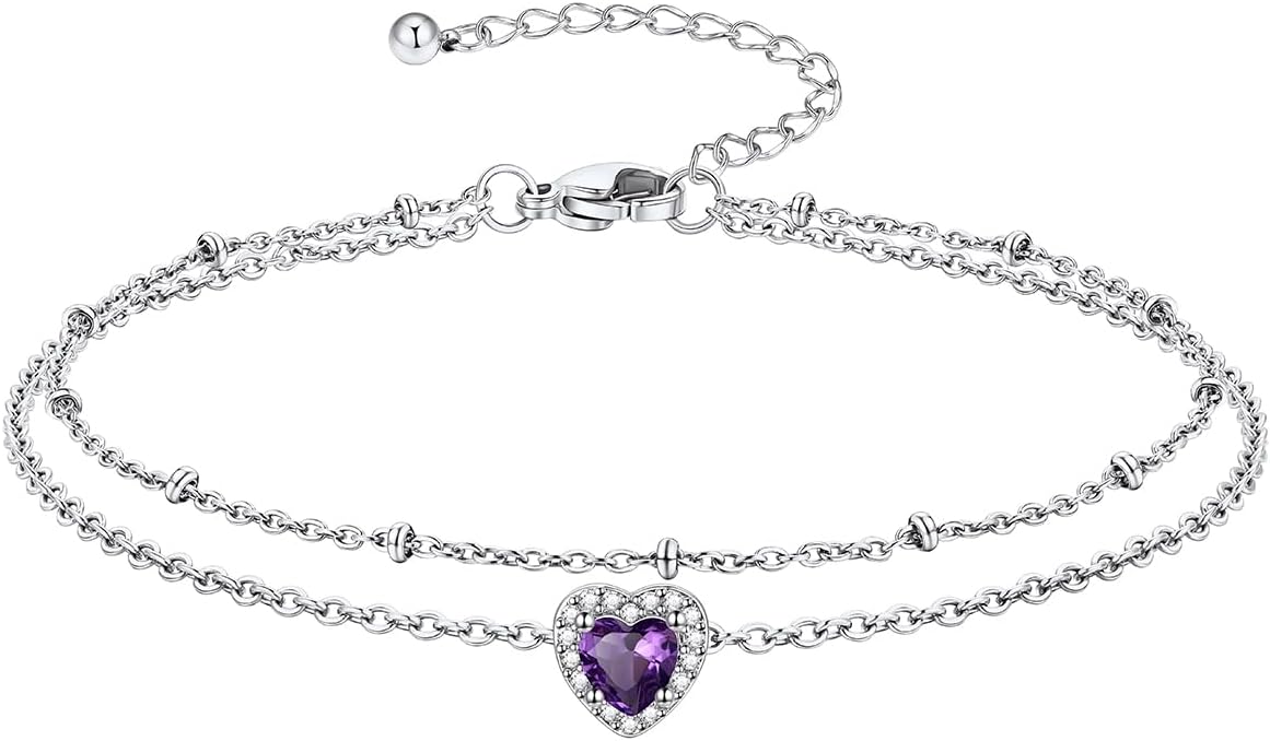 Richsteel Double Layer Heart/Butterfly Birthstone Anklet for Women Non Tarnish Waterproof, Silver/Gold/Black Stainless Steel 8.5-10.5 Inch Adjustable Chain Anklets Jewelry Gifts for Her