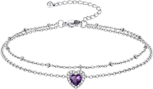 Richsteel Double Layer Heart/Butterfly Birthstone Anklet for Women Non Tarnish Waterproof, Silver/Gold/Black Stainless Steel 8.5-10.5 Inch Adjustable Chain Anklets Jewelry Gifts for Her