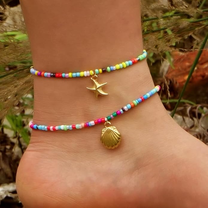 Shell Starfish Ankle Bracelet Set for Women,Handmade Bohemian Colorful Beaded Layered Hawaiian Beach Seashell Starfish Foot Jewelry Gifts Friendship Family