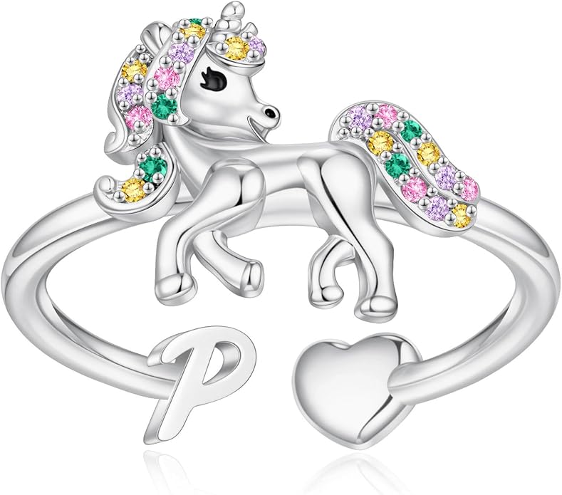 Unicorn Initial Rings for Teen Girls, Rose Gold/White Gold Plated Heart Initial Rings for Girls Adjustable Stackable Rings for Women Diny Heart Ring for Teen Girls Gifts Unicorns Gifts for Girls