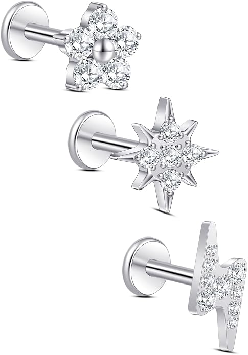 limerencia Titanium Internally Threaded Flat Back Earrings, 3 Pcs Implant Grade Hypoallergenic Studs, 18G Tragus Helix Conch Cartilage Piercing Jewelry for Sensitive Ears Women Men, Gold/Silver