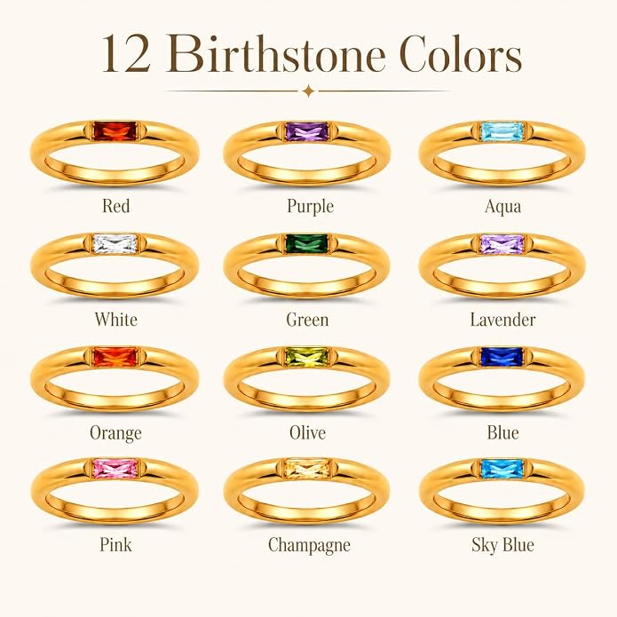 Birthstone Rings for Women, 18K gold plating stainless steel Dainty Stackable Rectangular Cubic Zirconia Birth Stone Ring To My Daughter/Mom Birthday Unique Gifts Jewelry