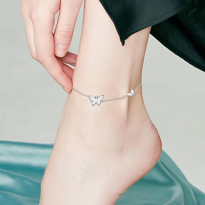 WINNICACA Sterling Silver Butterfly Bracelet Anklet Created Opal Butterfly Jewelry Gifts for Women Birthday Christmas Day Gifts