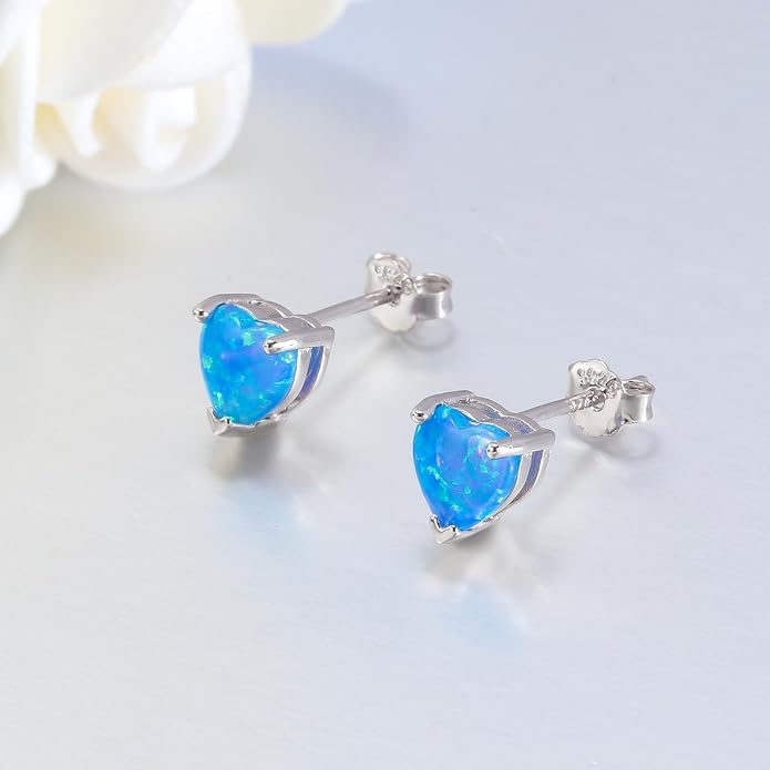 CiNily 925 Sterling Silver Stud Earrings for Women Teen, Heart Opal Stud Earrings, Dainty Cartilage Small Studs for Men, Heart Birthstone Earrings Lightweight Opal Jewelry for Mothers Day Birthday