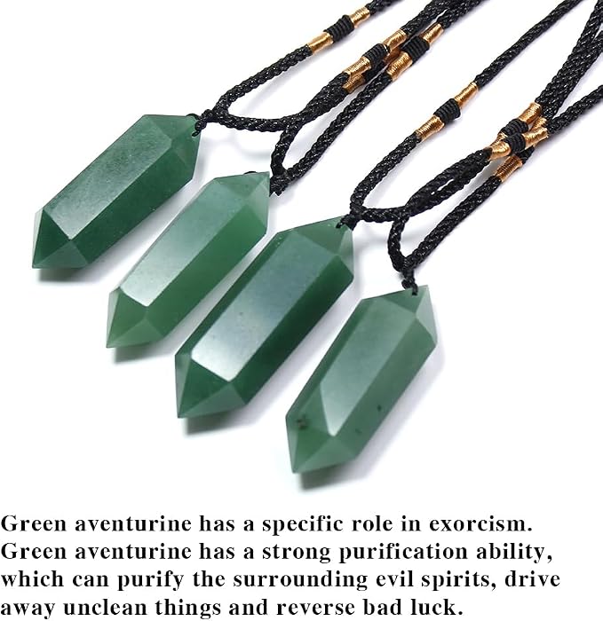 Runyangshi Green Aventurine Healing Crystal Pendants, Double Pointed Natural Crystal Quartz Necklace 6 Faceted Chakra Crystal Wand Stone