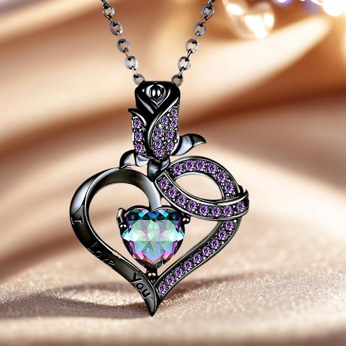 VOLUKA Created Opal/Amethyst/Mystic Topaz Pendant Necklace for Women,18K White/Rose Gold Plated Chain Wedding Engagement Jewelry Gift