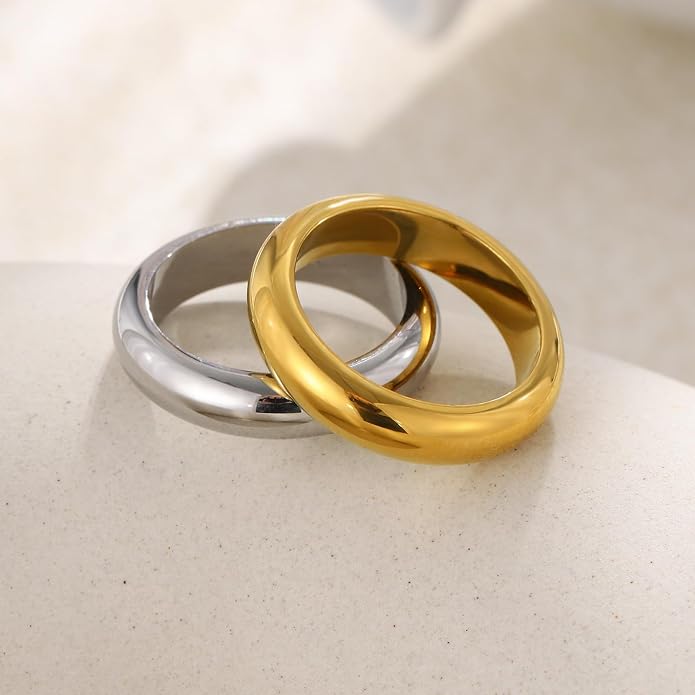 Unisex 5mm Chunky Dome Wedding Band Ring, Comfort Fit Stackable Signet Ring, Tarnish Resistant Hypoallergenic, 18K Gold Plated or Steel