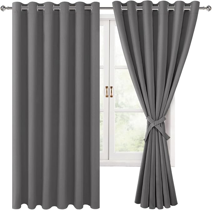 Hiasan Grommet Blackout Curtains for Bedroom, 70 x 63 Inches - Thermal Insulated & Light Blocking Window Drapes for Living Room/Dorm Room, Set of 2 Panels Sewn with Tiebacks, Light Grey