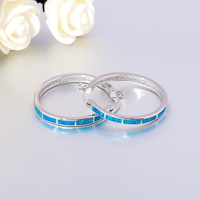 CiNily Opal Hoop Earrings,Women Jewelry Rhodium Plated/Rose Gold or Yellow Gold Plated Gemstone Big Hoop Earrings 32mm