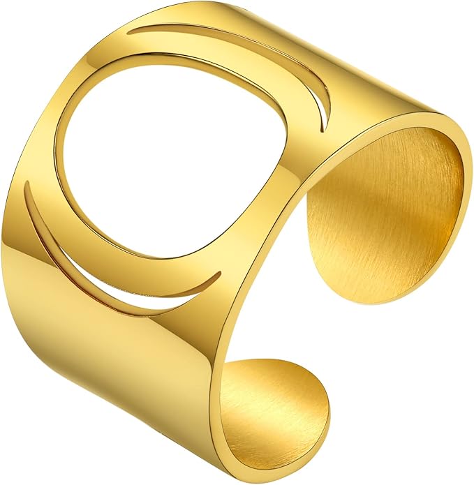 KeyStyle Bold Initial Letter Rings Adjustable, GoldChic Jewelry Women Gold Statement Ring Personalized Engraved Women’s Open Signet Ring for Party (Gold, White Gold, Black)