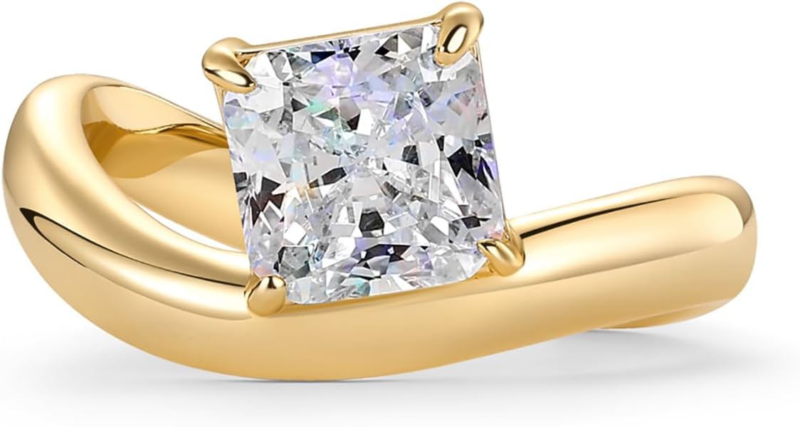 PAVOI 14K Gold Plated Wavy Engagement Ring for Women | Solitaire Cubic Zirconia Wedding Band & Promise Rings for Her | Trendy Fashion Jewelry