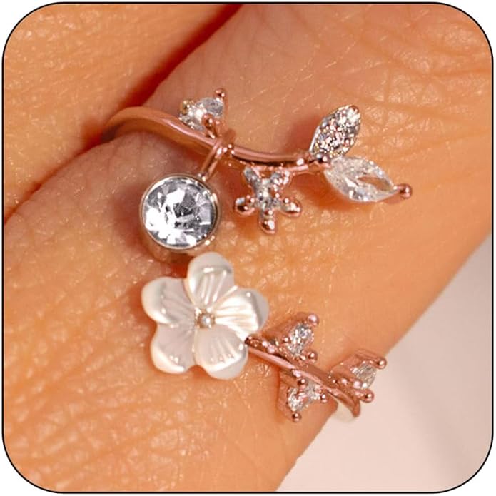 Birthstone Flower Rings For Women Non Tarnish Gemstone Cubic Zirconia Mother of Pearl Adjustable Size 7-11 Silver Rose 14K Gold Plated Birth Jewelry Gift For Birthday