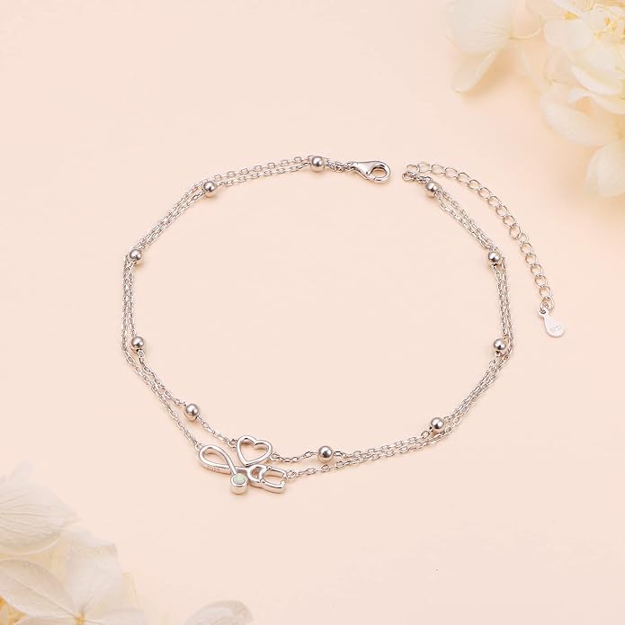 Flyow Anklet for Women S925 Sterling Silver Adjustable Foot Beaded Heart Charm Ankle Bracelet Anklets Jewelry
