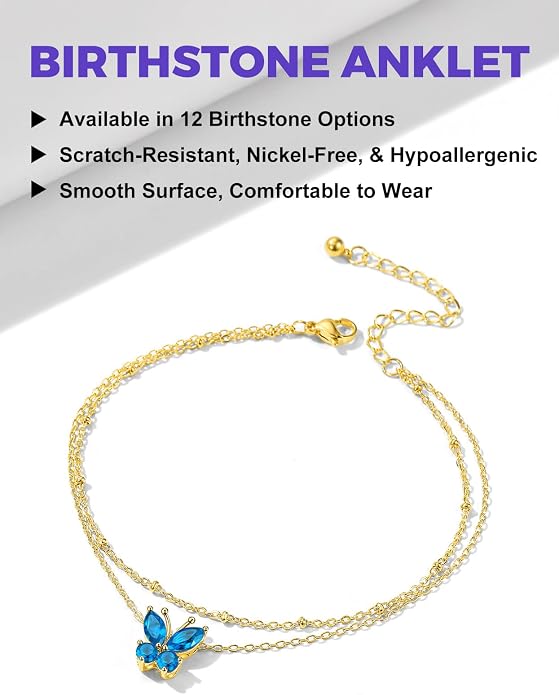 Richsteel Double Layer Heart/Butterfly Birthstone Anklet for Women Non Tarnish Waterproof, Silver/Gold/Black Stainless Steel 8.5-10.5 Inch Adjustable Chain Anklets Jewelry Gifts for Her