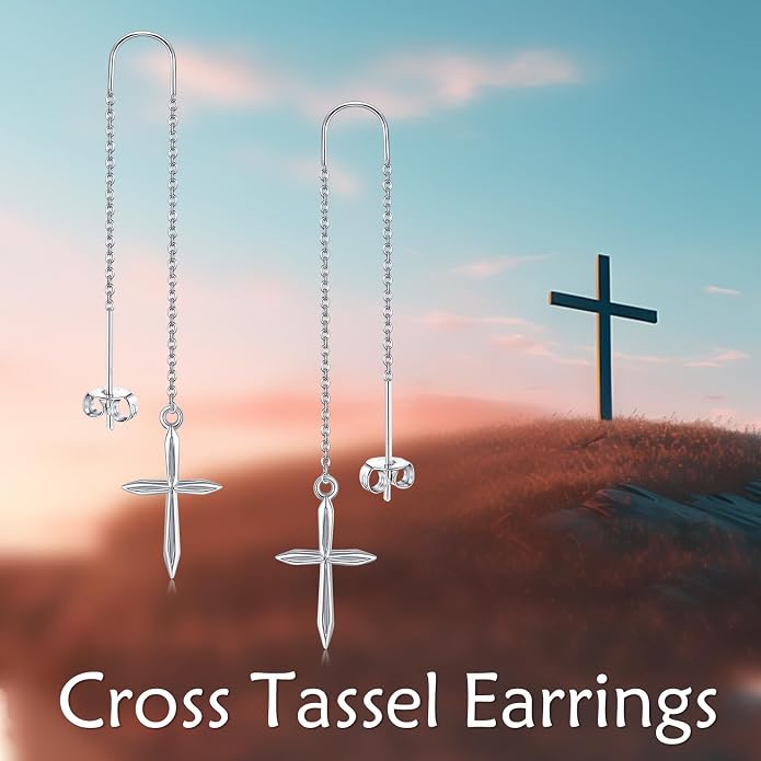 Cross/Heart Threader Earrings 925 Sterling Silver Long Earrings Chain Earrings Long Dangle Earrings for Women