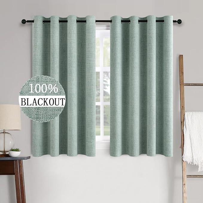 MIULEE Linen Texture Curtains for Bedroom Solid 100% Blackout Thermal Insulated Seafoam Green Curtains Grommet Room Darkening Drapes for Living Room 52x45 Inch (2 Panels)