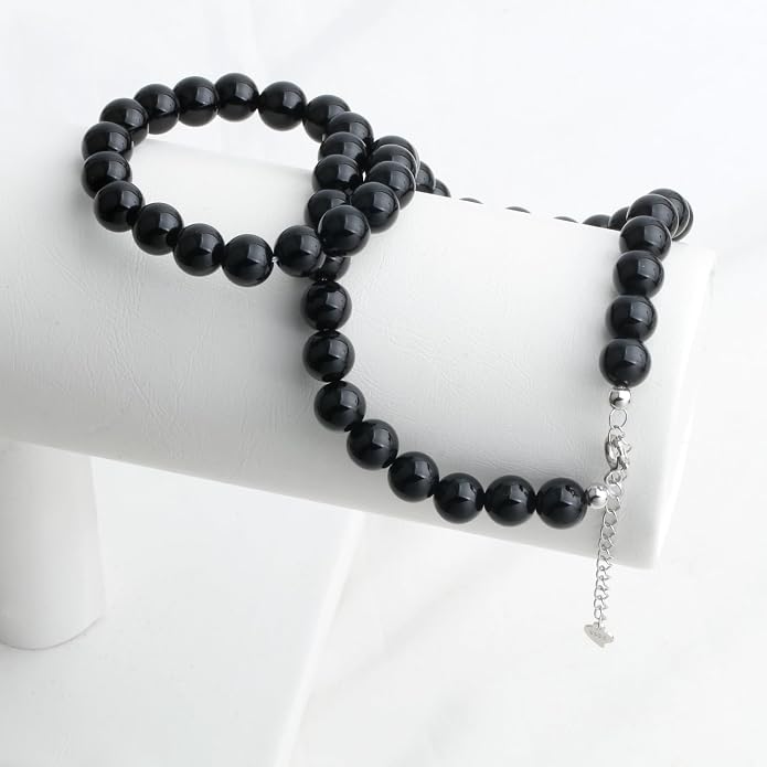 Kakikaki Natural Agate Choker Necklace Sterling Silver Round Beads Strand Necklace for Women