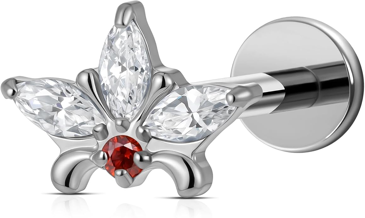 FINE4U ASTM F136 Titanium Piercing Jewelry Stud - 16G 6mm 8mm Triple Marquise Lotus Flower Cartilage Earring, Hypoallergenic Flatback Bridal Jewelry