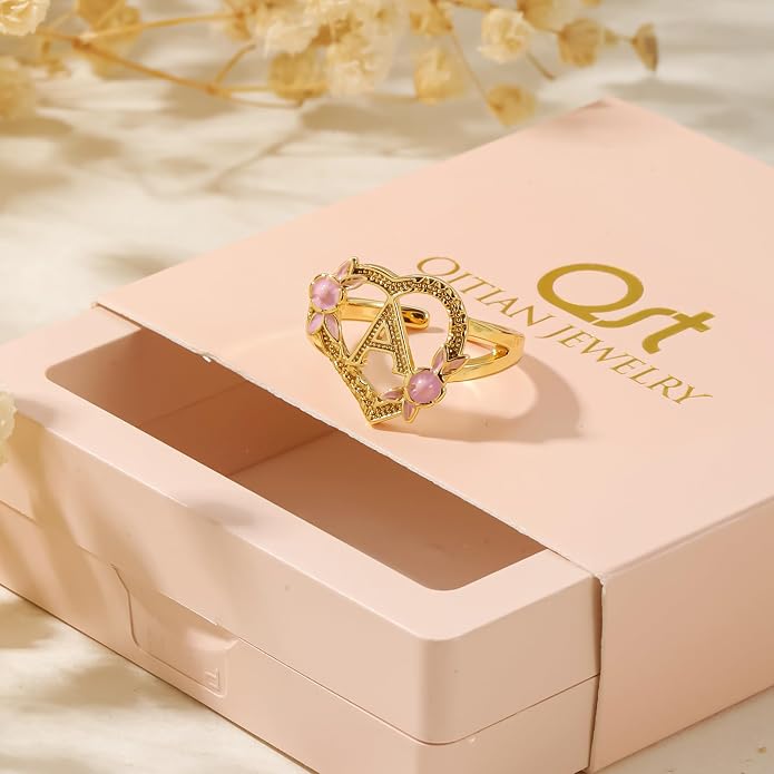 Gold Initial Rings for Women - Non Tarnish Dainty 14K Gold Plated Heart Adjustable Letter Rings for Women, Stackable Cute Thumb Pinky Fashion Open Simple Birthday Gifts Jewelry