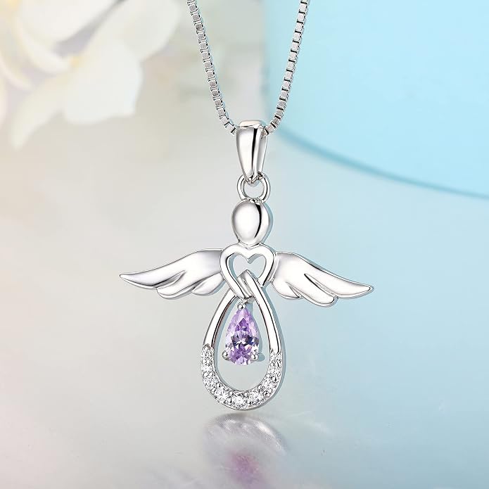 FJ Guardian Angel Necklace 925 Sterling Silver Birthstone Pendant Angel Jewelry Gifts for Women
