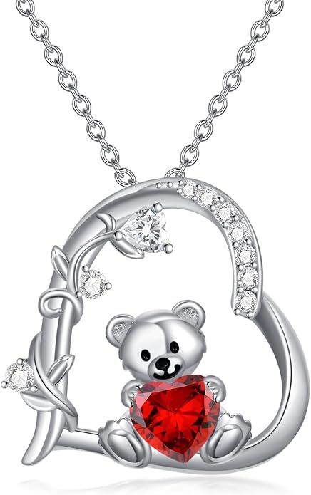 PELOVNY Teddy Bear Necklace for Women 925 Sterling Silver Bear/Highland Cow/Fox/Cat/Axolotl Birthstone Necklace Christmas Birthday Jewelry Gifts for Mom Daughter Wife Sister