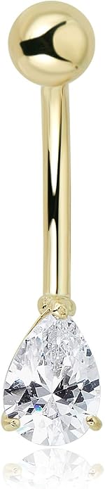 AVORA 10K Gold Simulated Diamond CZ Pear-shaped Belly Button Ring Body Jewelry (14 Gauge)