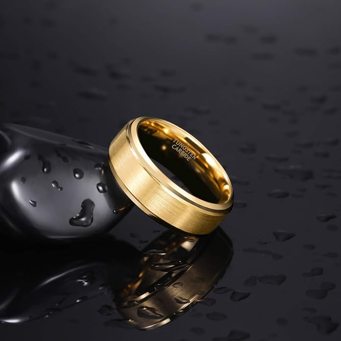TRUMIUM 6mm 8mm Mens Womens 24K Gold Plated Tungsten Wedding Ring Band Brush Finish Scratch Resistant Size 5-14