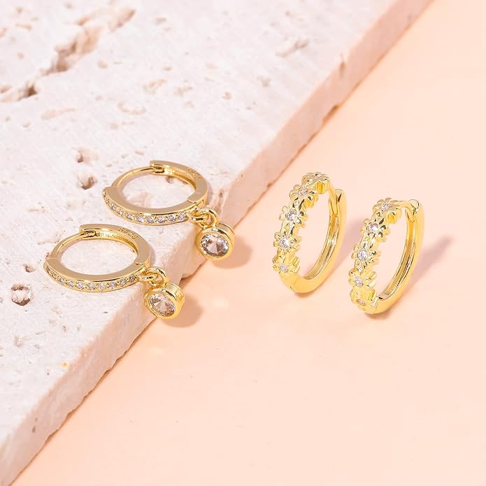 CiNily Small Hoop Earrings for Women Girls Flower Cubic Zirconia Huggie Earrings Hypoallergenic 14K Yellow Gold Plated Cartilage Earrings
