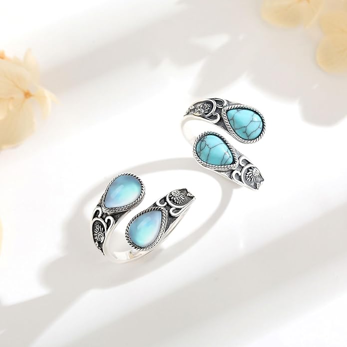 Vito 925 Sterling Silver Adjustable Open Spoon Ring for Women Men, Lotus Sunflower Snake Spoon Band Rings Feather Hug Witches Knot Inspirational Jewelry Gift for Wife