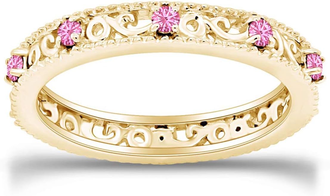 Jewel Zone US Filigree Eternity Wedding Band Ring for Women, Round Cut Simulated Gemstone Stackable Promise Ring in 14K Gold Plated 925 Sterling Silver Band Width 3.5mm – Elegant Jewelry for Her
