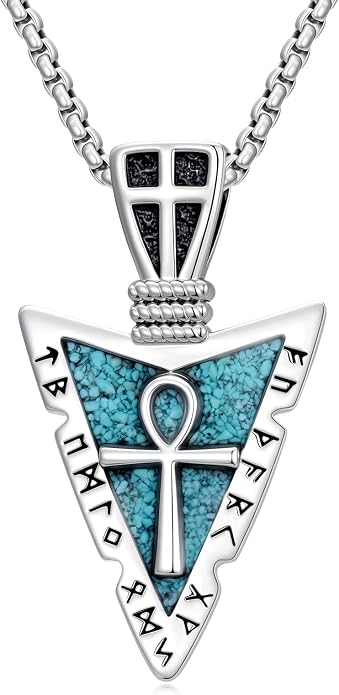Viking Turquoise Arrowhead Necklace for Men Celtic/Evil Eye/Ankh/Valknut/Compass Arrow Head Pendant Fathers Day Birthday Gifts